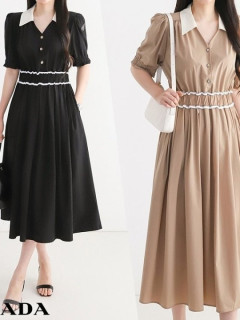  프** Nylon woven v-neck pleated long dres
