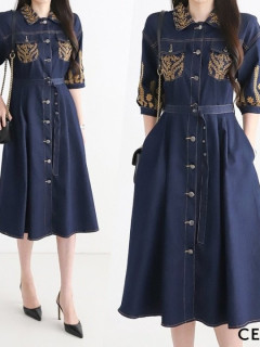  셀** Dark denim short sleeve long dress