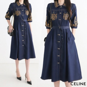  셀** Dark denim short sleeve long dress